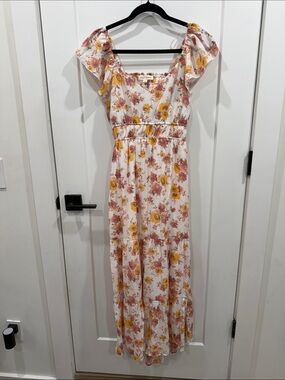 Floral V-Neck Maxi Dress in White with Yellow & Pink Blossoms